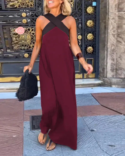 Women's Long Cross Dress Skirt European Style Mid-Waist A-Line Dress Polyester Fabric No-Sleeve Business Wear Single Piece