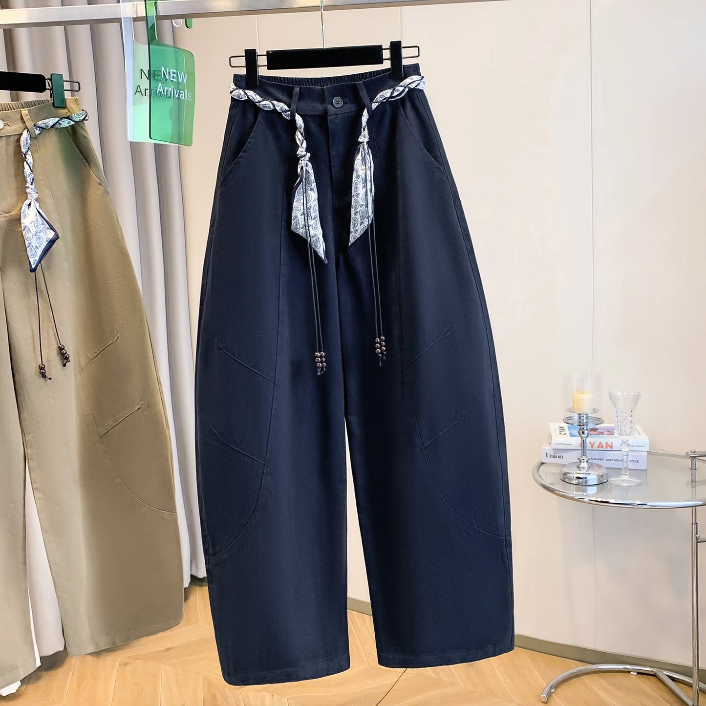 High Waist Loose Fit Casual Pants Autumn Winter plus Size Women's Fashion Slimming Wide Leg Trousers Scarf Belted Back Elastic