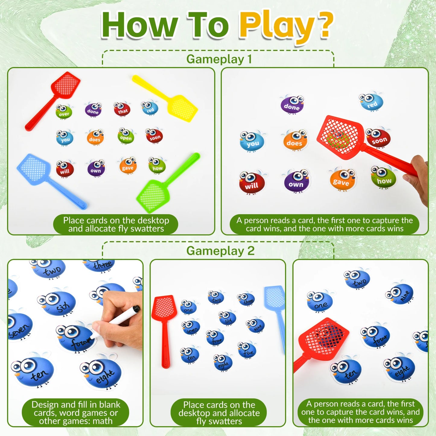 Sight Words Learning Game, Dolch Word Literacy & DIY Swat Educational Games with Dry Erasable Fly Flash Cards, Reading Phonic