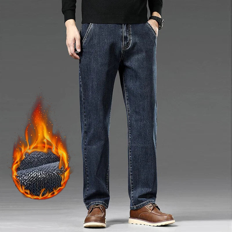 Warm Fleece-Lined Jeans Men's Relaxed Straight Leg Thickened Casual Velvet Denim Trousers Comfortable Daily Work Long Pants