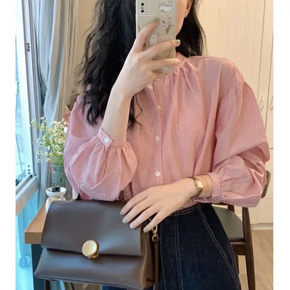 Elegant Pink Silk Stripe Shirt Women's Summer Design High-End Feel Small Size Chic Top Commute Style Loose Fit Long Sleeve