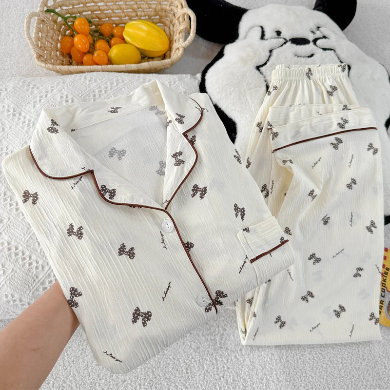 Girls Stripe Sleepwear Women's  Knot Star Long Sleeve Long Pants Korean Style Sweet Crepe Home Clothes Set