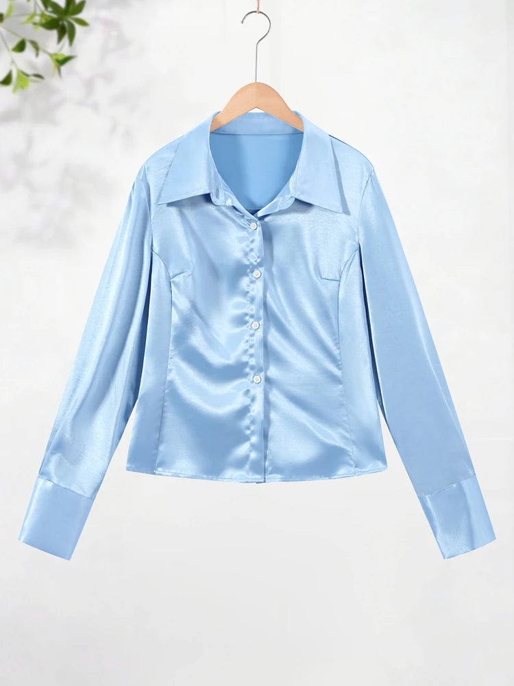 Elegant Women's Shirt Turn-down Collar Full Sleeve Single Breasted Solid Female Satin Top 2026 Summer Commute Fashion Lady Tops