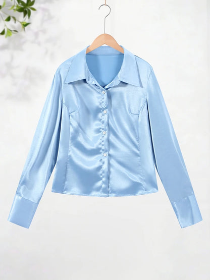 Elegant Women's Shirt Turn-down Collar Full Sleeve Single Breasted Solid Female Satin Top 2026 Summer Commute Fashion Lady Tops