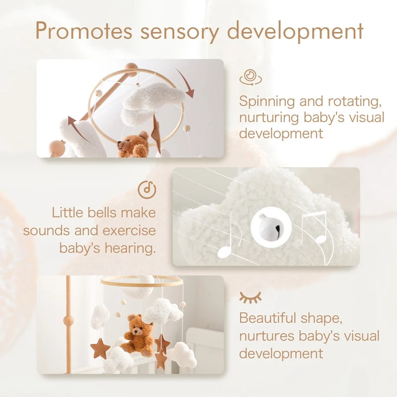 Wooden Crib Mobile Baby Bed Bell Rattle Toy Soft Felt Cartoon Bear Mobile Bracket Newborn Music Box Bed Bell Hanging Bracket Toy