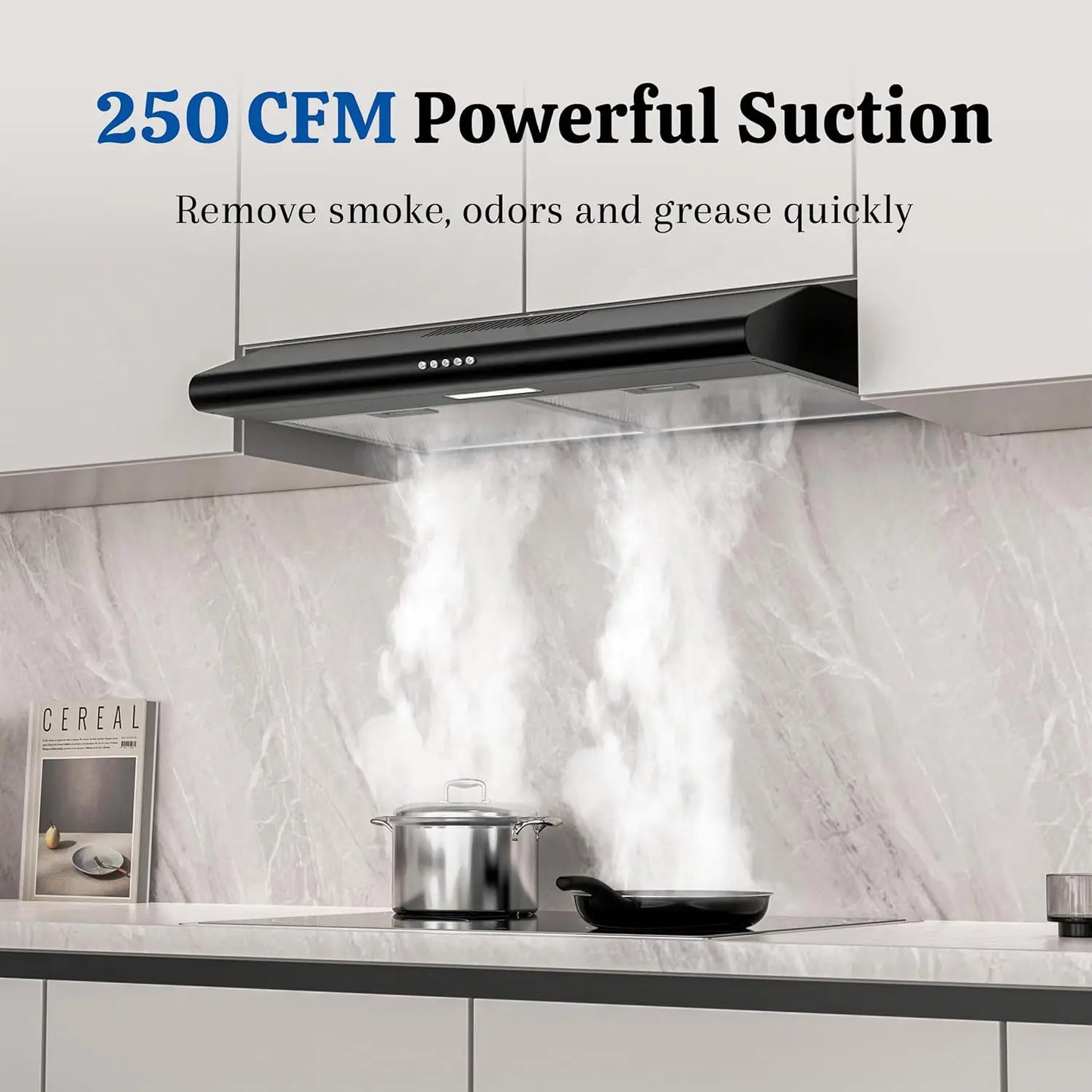 Black Under Cabinet Range Hood 30 Inch, Ducted/Ductless Convertible Vent Hood with 250 CFM, 3-Speed Fan, Energy-Efficient LED
