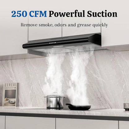 Black Under Cabinet Range Hood 30 Inch, Ducted/Ductless Convertible Vent Hood with 250 CFM, 3-Speed Fan, Energy-Efficient LED