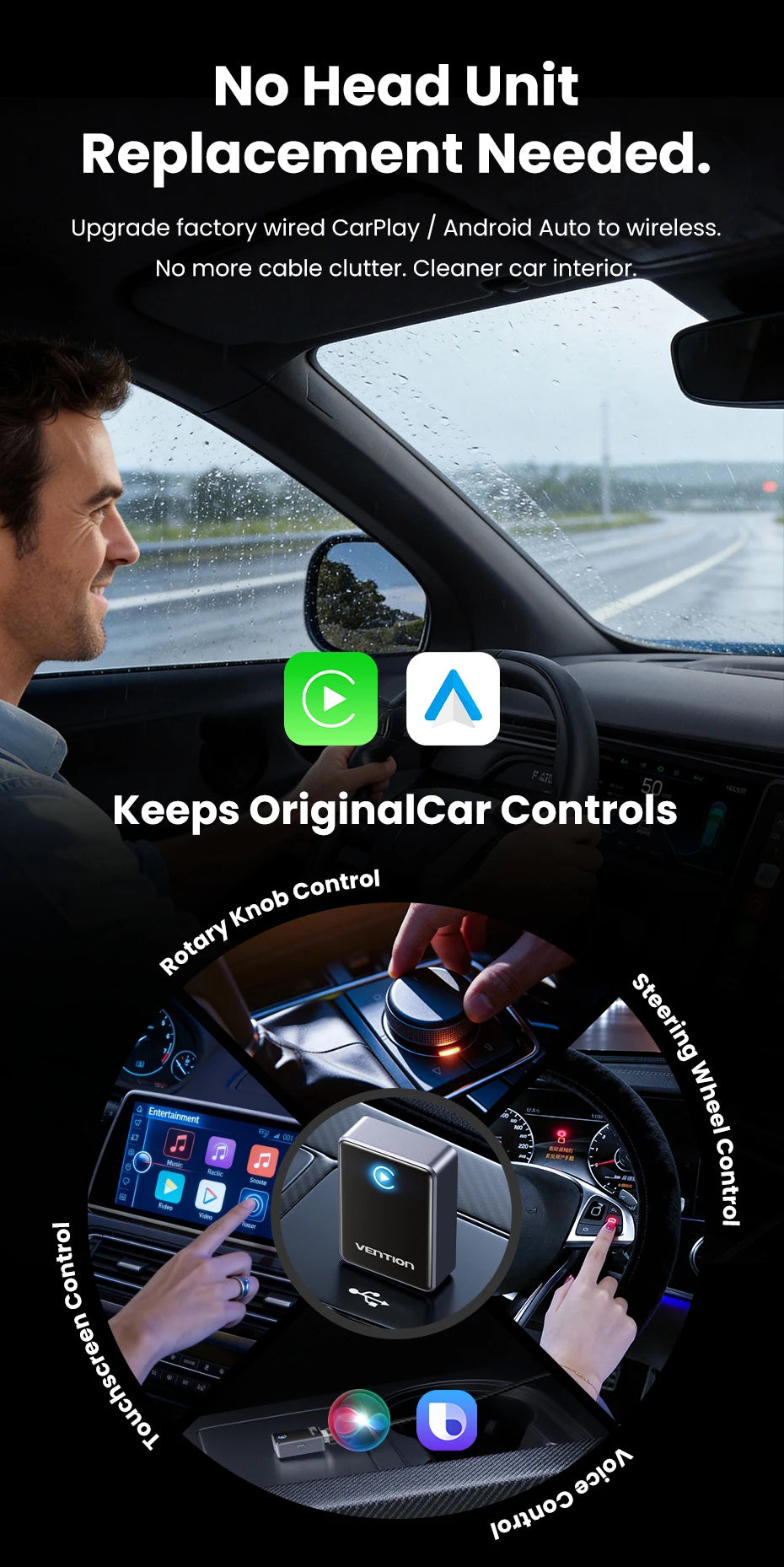 Vention 2in1 Wireless CarPlay Adapter Android Auto For OEM Car Plug and Play AI Smart Box WiFi Bluetooth Auto Connection