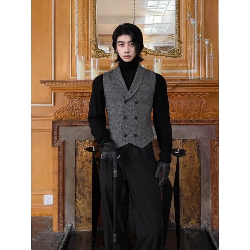 High Quality Men Stacked Wool Suit Vest Slim Retro Gentleman Dress