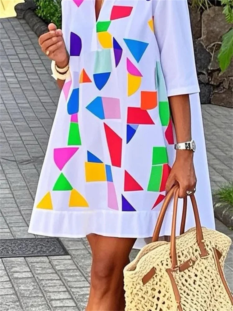 2026 New Fashion Geometric Printed White Shirt Dress For Women Half Sleeves Loose Going Out Vacation Mini Dresses