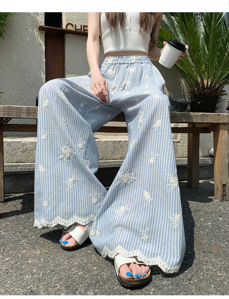 Vintage Blue Striped Embroidered Wide-leg Pants Women's Summer 2026 High-waisted Lace Stitching Casual Straight Trousers Popular
