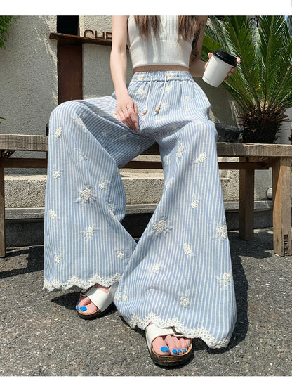 Vintage Blue Striped Embroidered Wide-leg Pants Women's Summer 2026 High-waisted Lace Stitching Casual Straight Trousers Popular