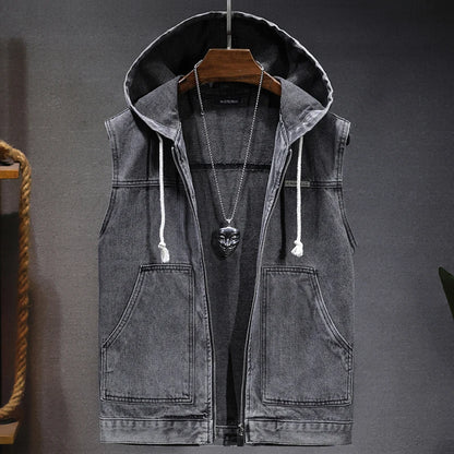 New Men's Loose Workwear Denim Vest with Hood Sleeveless Everyday Versatile Shoulder Pad Jacket Casual Unisex Outerwear