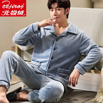 Pajama Sets Flannel Pajamas Men's Winter Thickening Warm Suit Long-sleeved Loose Home Clothes Autumn Cardigan
