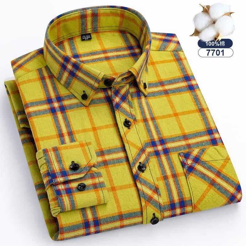 Autumn Winter Plaid Shirts Thick Flannel Shirt Standard-Fit for Men Long Sleeve Pure Cotton  Patch Pocket Design Young