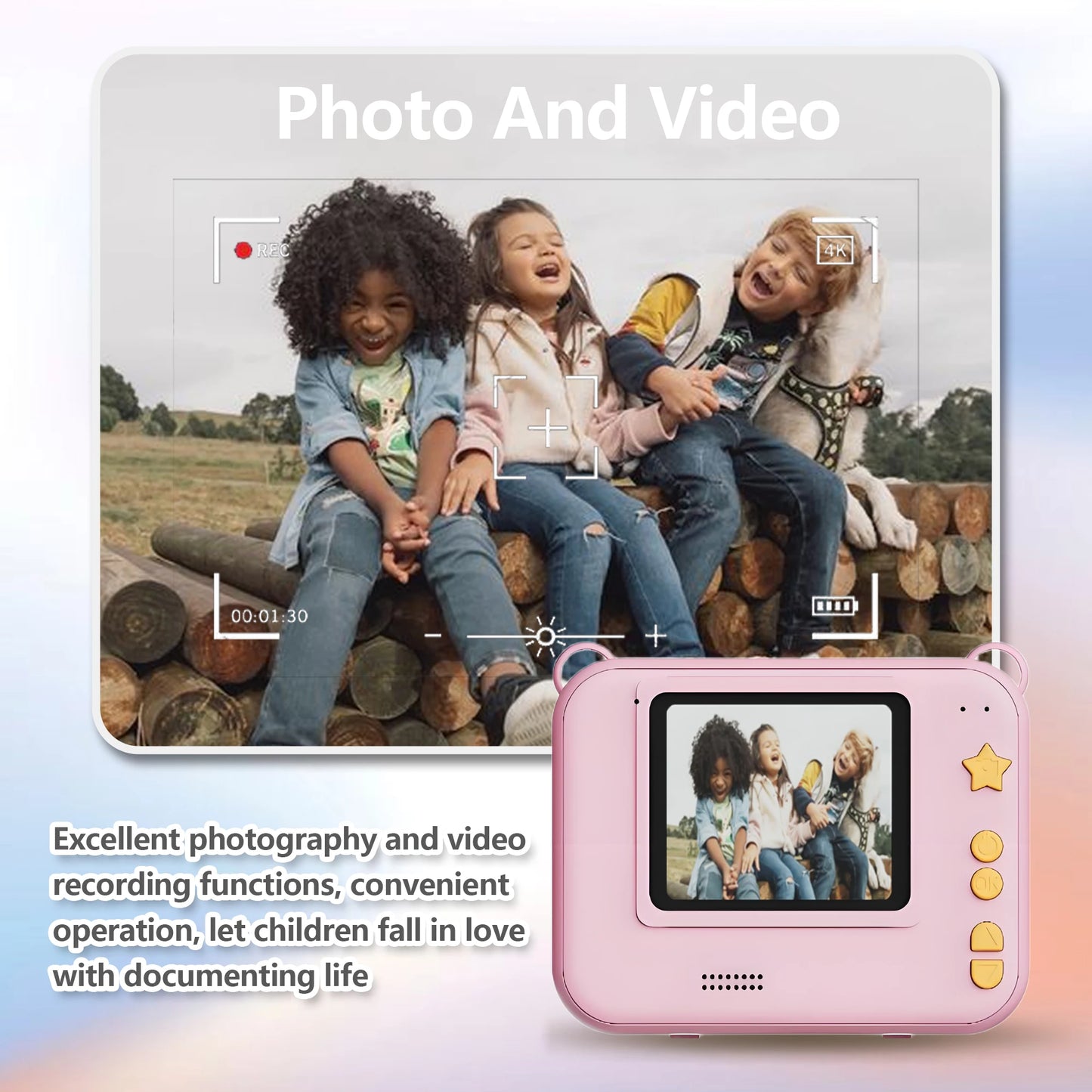 Kids Camera Instant Print Toy Portable Small Camera With 32G Memory Card ,3 Rolls Printing Paper, Gift For Boys And Girls