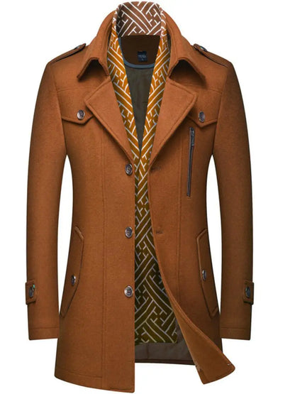 Thickened Men's Woolen Coat Scarf Collar Mid-Length Tweed Outerwear Winter Fashion Slim Fit Pocket Detail Pure Color Design