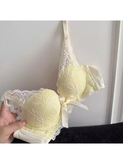 Top Selling Womens Wireless Bra Set French Lace Bow Contrast Color Push Up Thick Padded No Gap Everyday Lingerie For Small Chest