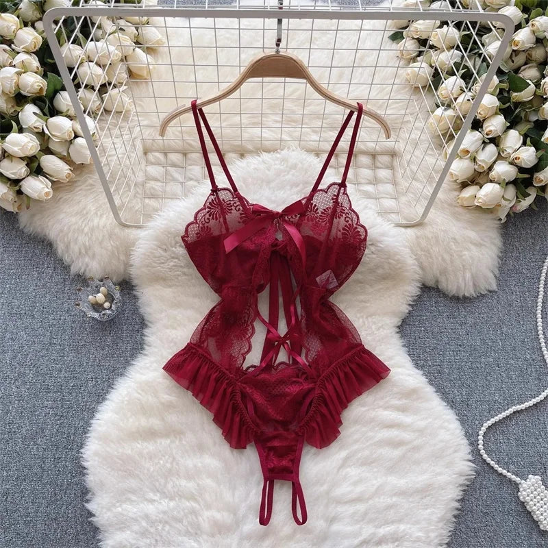 Sexy Lace Strap Jumpsuit Slim Fit Transparent Women's Pajamas Halter Playsuit Erotic Lingerie Catsuit Backless Hollowed Bodysuit