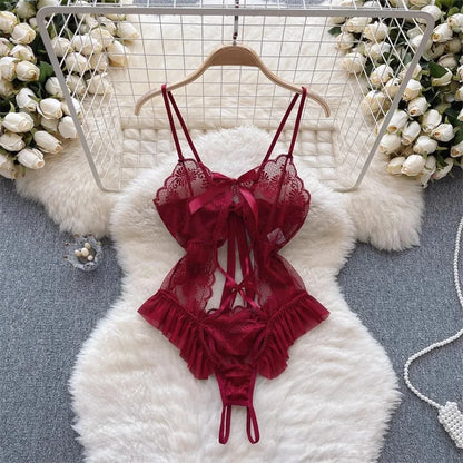 Sexy Lace Strap Jumpsuit Slim Fit Transparent Women's Pajamas Halter Playsuit Erotic Lingerie Catsuit Backless Hollowed Bodysuit