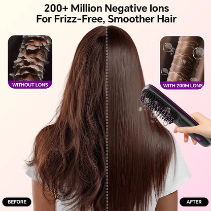 Hair Straightener Brush with 3 Temp Settings, Fast Heating & Auto-off, Portable Rechargeable Ionic Straightening Comb for Women