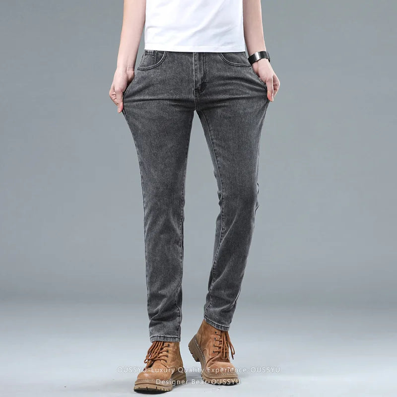 Spring Summer Stretch Pencil Cargo Jeans Gray Men High Street Casual Denim Trousers Fashion Straight Little Feet Men's Pants Man