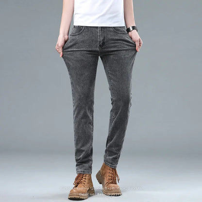 Spring Summer Stretch Pencil Cargo Jeans Gray Men High Street Casual Denim Trousers Fashion Straight Little Feet Men's Pants Man