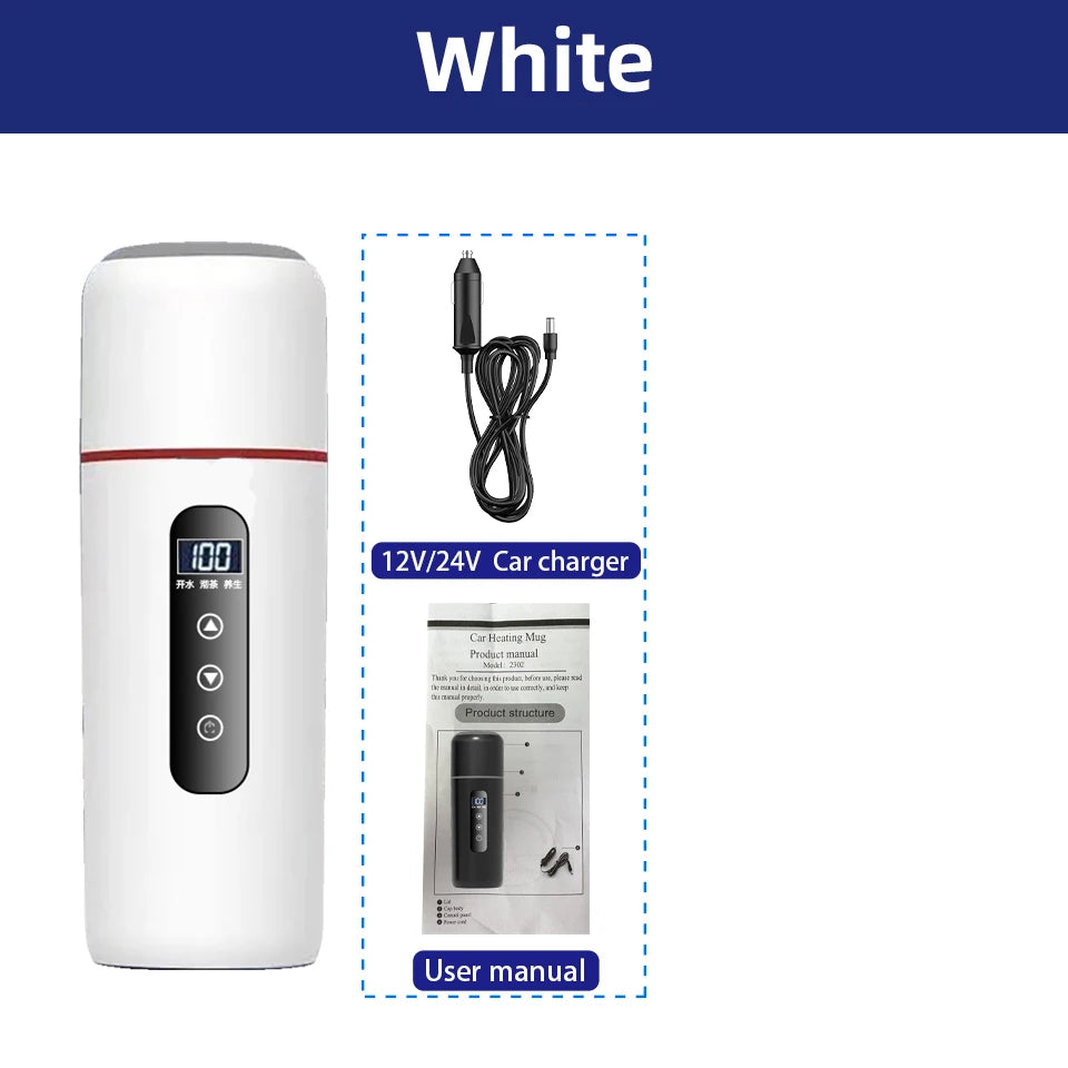 Electric kettle 12V 24V portable car heating cup 500 ml travel heating smart stainless steel insulation artifact OLED display