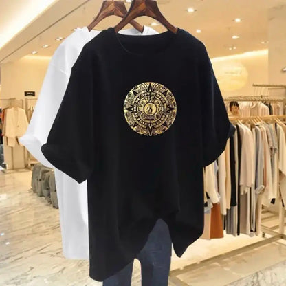 Women Fashion Pure Cotton Y2k Short Sleeve T-shirt Summer Casual Loose Paisley Printing Top Tee Office Lady Basic Pullover M-6XL