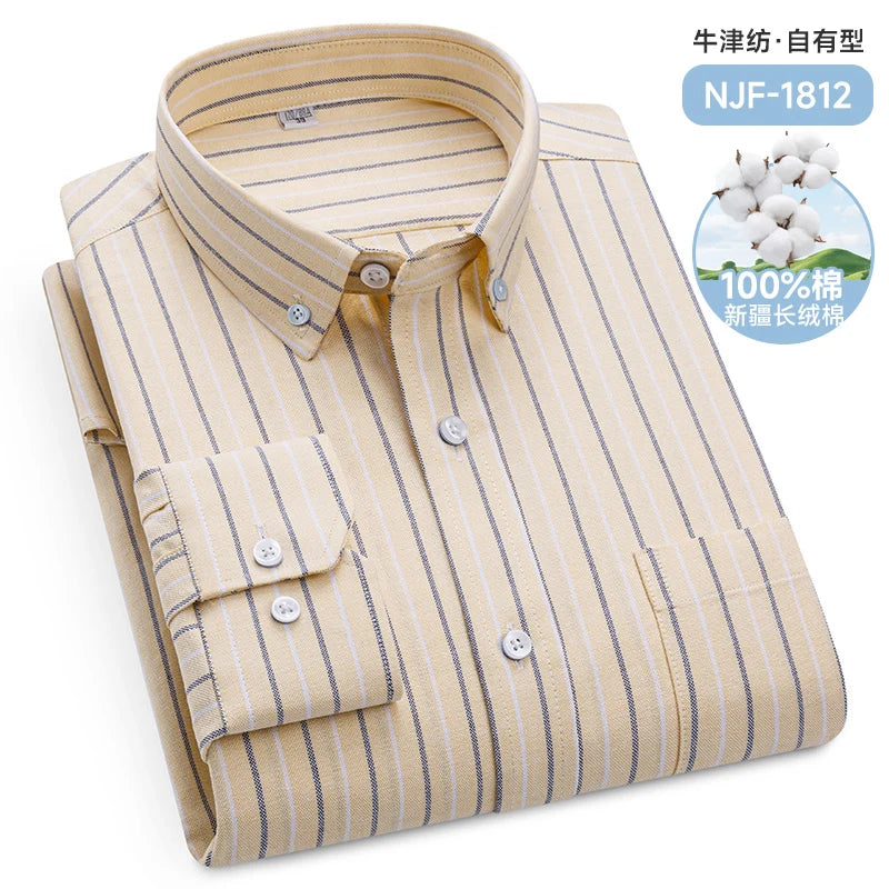 Classic Men's Long Sleeved Check Shirts 100% Oxford Cotton Casual Fashion Soft Plaid Stripe Solid Male Business Slim Fit Blouses
