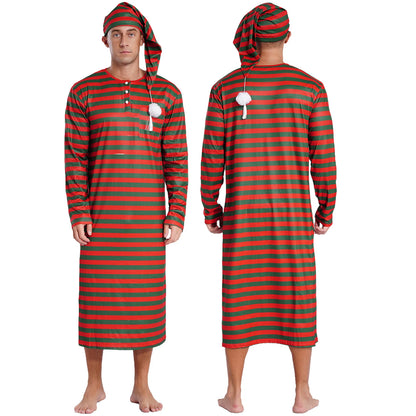 Mens Striped Long Sleeve Nightshirts Sleepwear Round Neck Loose Pajamas Robe Sleepshirt with Night Cap Christmas Loungewear