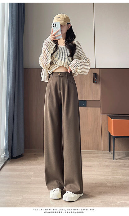 Seoulish Autumn Elegant Women's Wide Leg Pants 2024 New Korean Solid Button Casual Loose Office Full Length Trousers Female