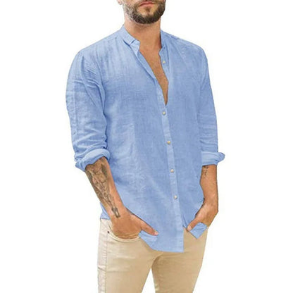 Men's 2026 Men's Linen Cardigan Solid Color Casual Stand-Up Collar Long Sleeve Shirt