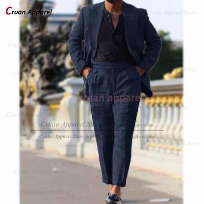 Classic Summer Linen Suit Sets For Men Smart Casual Blazer And Pants 2 Pieces Formal Evening  Fashion Slim Fit Suit Attire