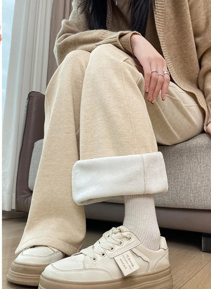 Thickened Woolen Straight Leg Pants Women's High Waist Wide Leg Trousers Autumn Winter Casual Pants Pocket Design Cotton Blend