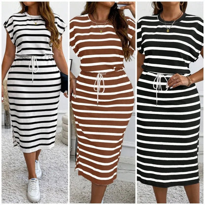 Summer Large Size Women's Clothing Casual Striped Short-sleeved Round Neck Waist Dress New Temperament Thin Plus Size Dresses