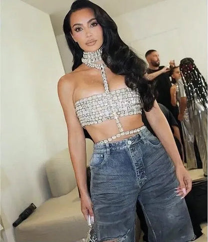 High Quality Stylish Item Super Shining Diamonds Fashionable Neck Chain Short Strapless Top Hot Sexy Woman Fashion Party Outfit