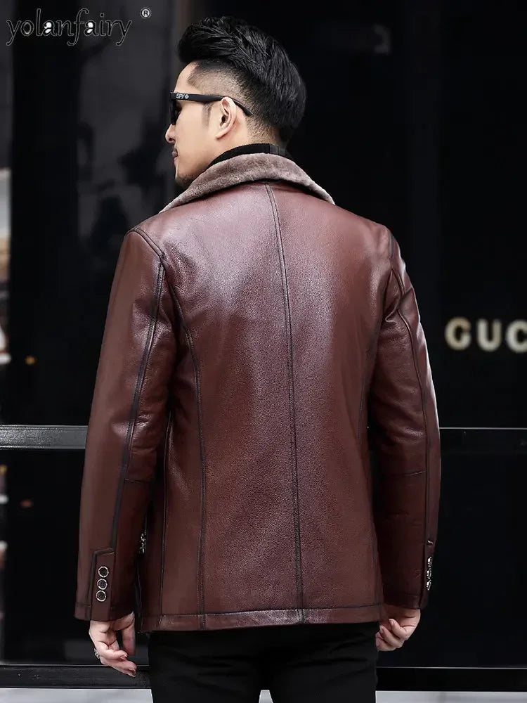 YOLANFAIRY Genuine Leather Jacket Men Midium Natural Leather and Fur Thick Winter Coat Male Clothing Jaquetas Masculina De Couro