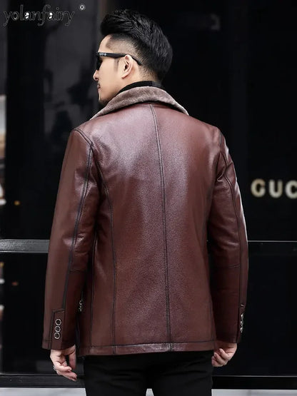 YOLANFAIRY Genuine Leather Jacket Men Midium Natural Leather and Fur Thick Winter Coat Male Clothing Jaquetas Masculina De Couro