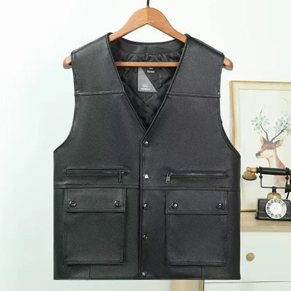 Winter fur Large piece of Genuine Leather Motorcycle Vest Mens Fit Real Cowhide Leather Waistcoat Bikers Vest sleeveless jacket