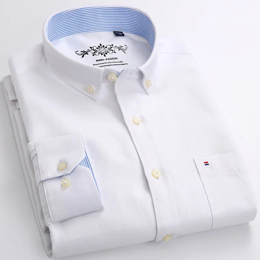 Classic Fit Cotton Full Casual Shirts for Men Solid Color Long-Sleeve Plain Shirt Single Pocket Top Soft Slim Fit Formal Clothes