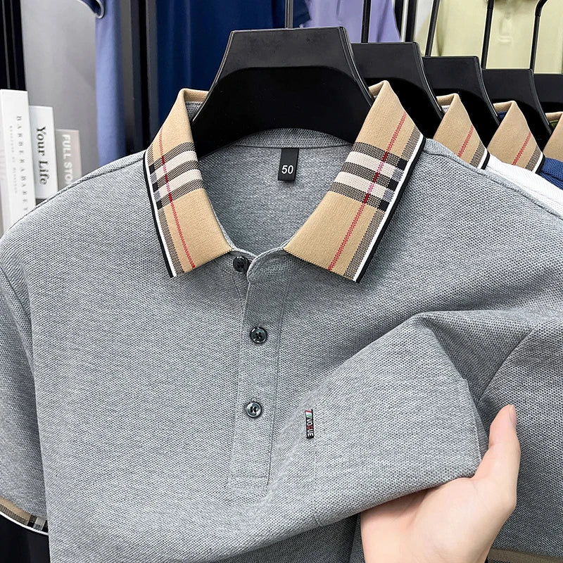 100% Pure Cotton Short Sleeved T-shirt for Men Summer Collar Middle-aged Casual Real Pocket Dad's Polo Shirt