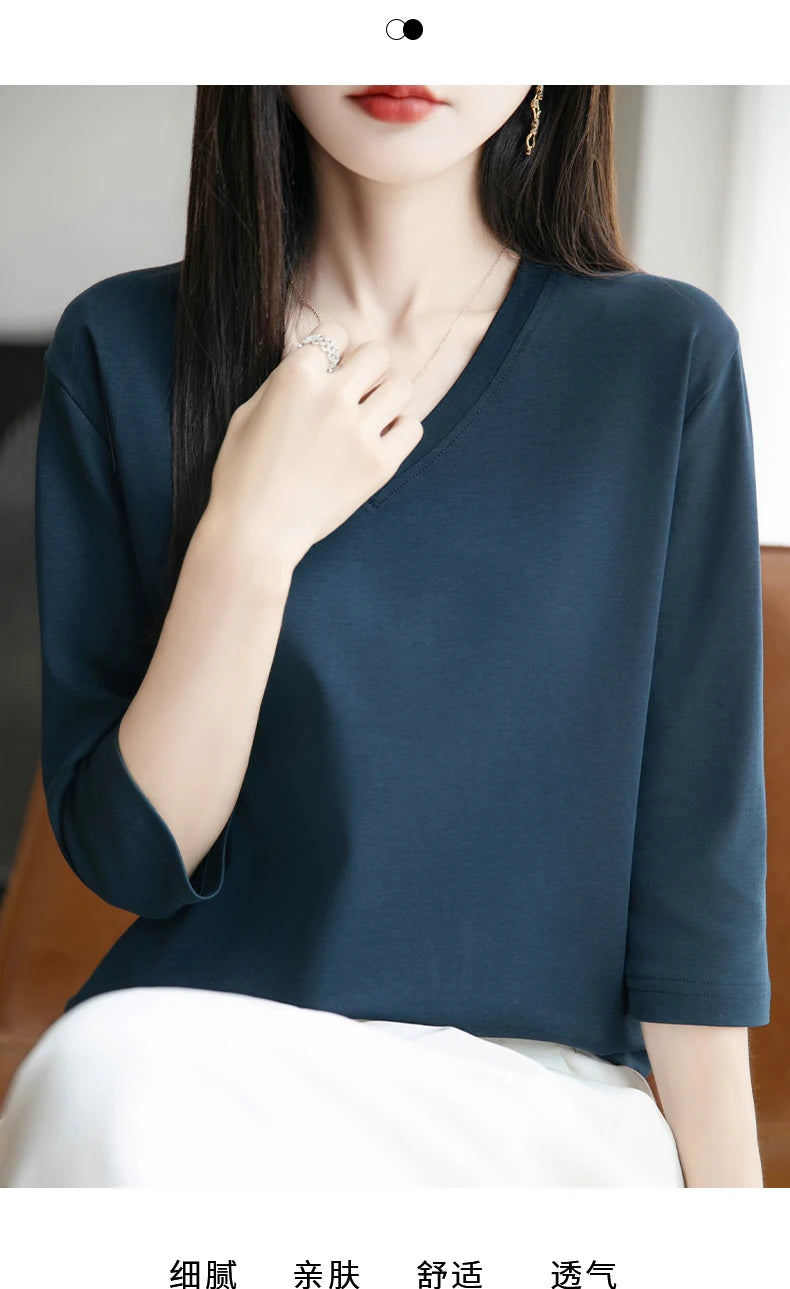 Spring And Summer New White Mercerized Cotton Cropped Sleeve T-shirt Feminine Joker 100% Cotton Bottoming Shirt Half Sleeve