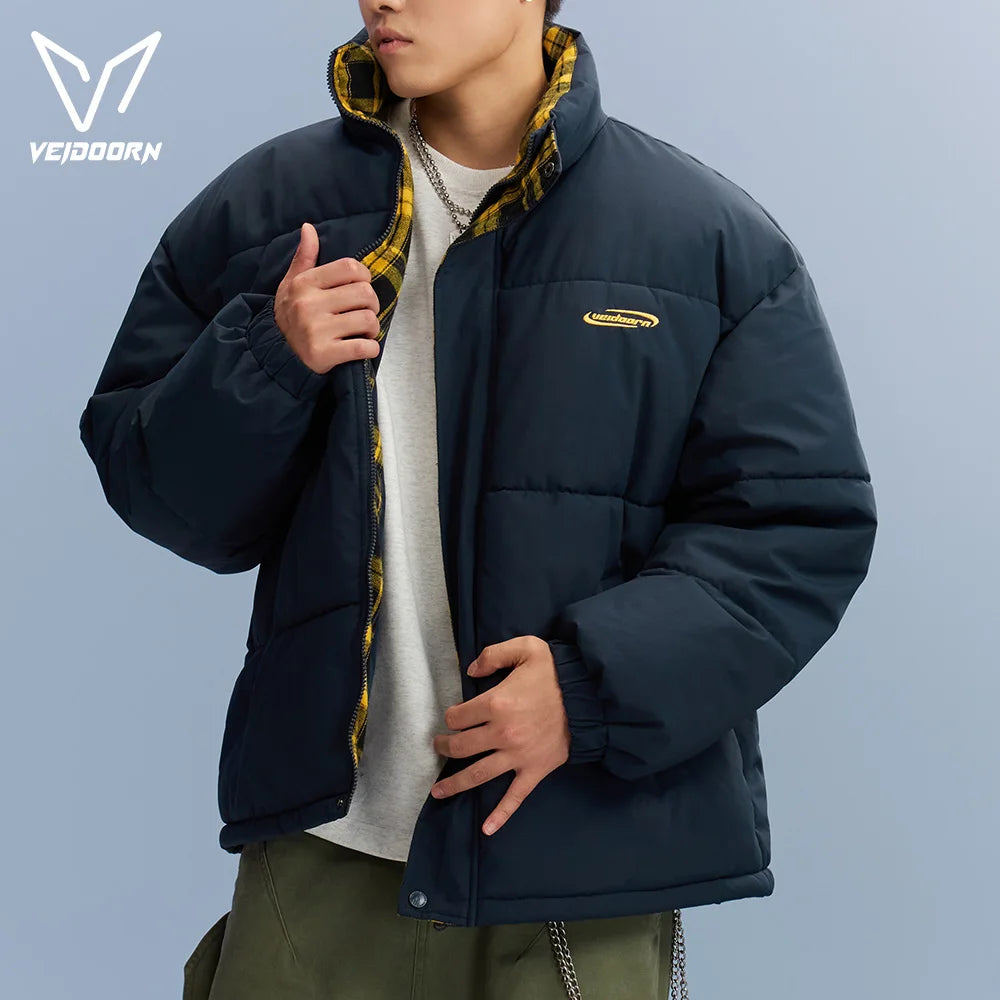 Veidoorn Unisex Short Parka Coat with Stand Collar Warm Thermal Puffer Jacket for Winter Puffy Outdoor Streetwear