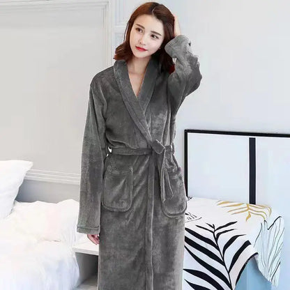 Thickened Long Coral Fleece Robe for Women Autumn Winter Plush Flannel Sleepwear Ankle-Length Men's Bathrobe Home Clothes