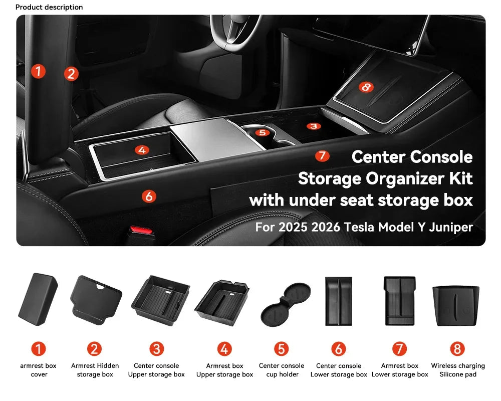 For Tesla Model 3/Y/YL Highland Juniper 2026 Center Armrest Hidden Storage Box Cup Holder Console Organizer Box Accessories