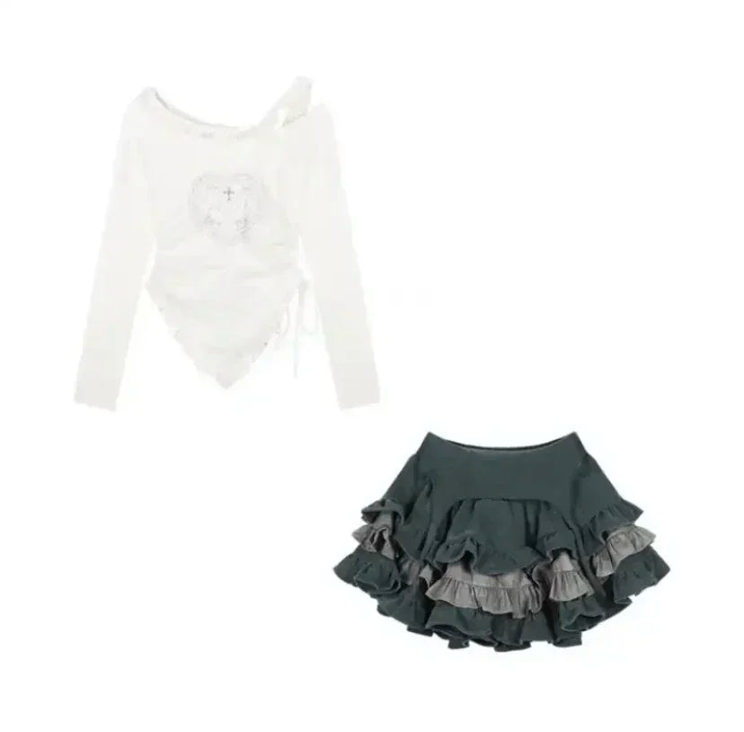 Autumn Japanese Kawaii Two Piece Set Women Sweet Rabbit Print Cute Skirt Suit Female Korean Slim Tops＋Princess Cake Skirt 2024