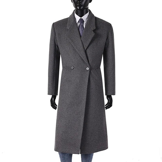 Extra Long British Trench Slim Fit Woolen Coat for 170 kg Men Elongated Handsome Over Knee Windbreaker Black Casual Thick Coat