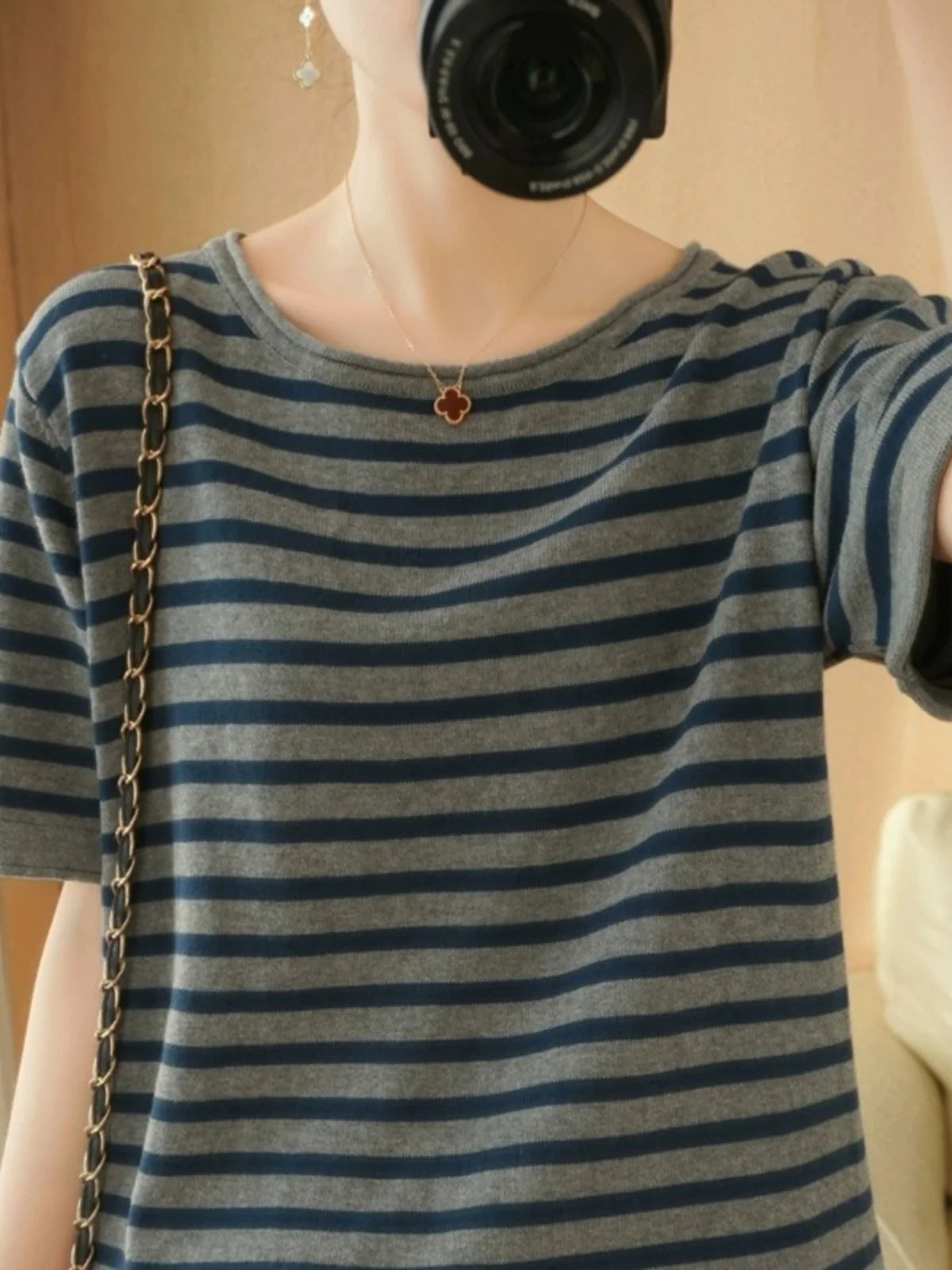 100% Pure Cotton Summer Stripe Short Sleeve T-Shirt Women Loose round Neck Vest Cotton Linen Half Sleeve Commute Style Simple