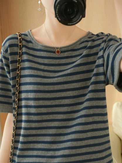 100% Pure Cotton Summer Stripe Short Sleeve T-Shirt Women Loose round Neck Vest Cotton Linen Half Sleeve Commute Style Simple